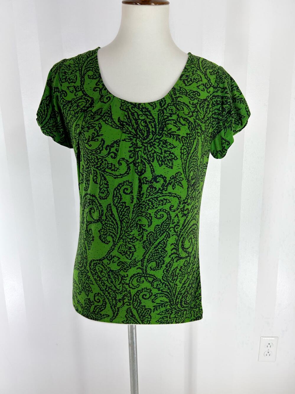 Rafaella Green Black Paisley Print Stretch Short Sleeve Top Sz S